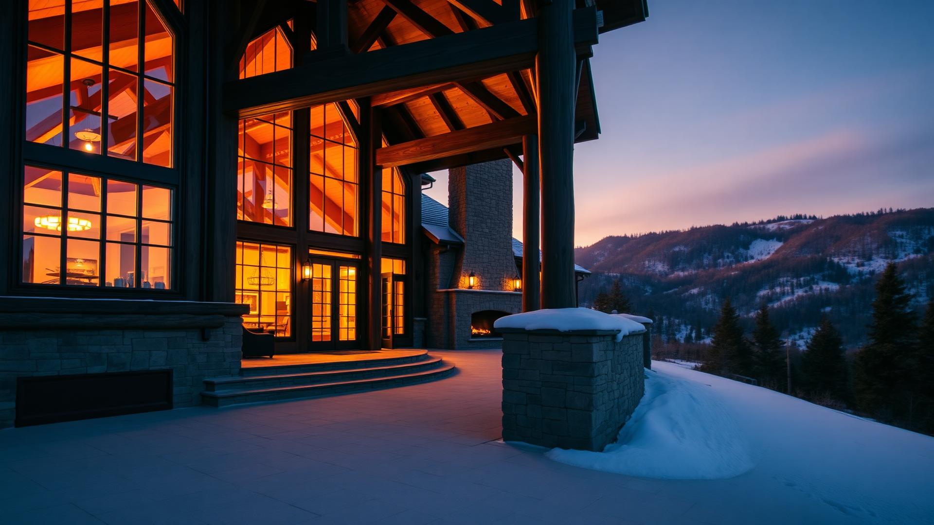 Hearthstone timber frame home at dusk